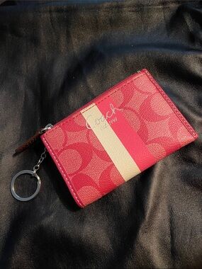 Coach Pink and Cream Signature Stripe Card Case with Key Ring